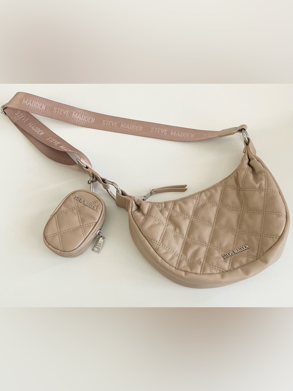Steve Madden Quilted Crossbody Shoulder Bag Mushroom Beige + Mini Pouch